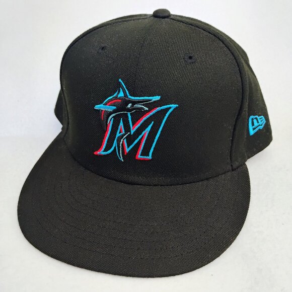 Fitted New Era 59 Fifty Florida Marlins Black Baseball Cap / Hat, size 7 1/2 - Picture 1 of 7